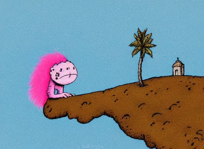 Image similar to dr. seuss sad lonely pretty pink fluffy depressed creature on an island | female | cute but very sad | pity | midnight paintings | intricate detail | bold colors | illustration | lonely barren dreary island | detailed environment