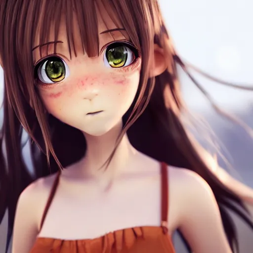 Image similar to Render of a very beautiful 3d anime girl, long hair, hazel eyes, cute freckles, full round face, short smile, cute sundress, golden hour, ice age setting, medium shot, mid-shot, highly detailed, trending on Artstation, Unreal Engine 4k