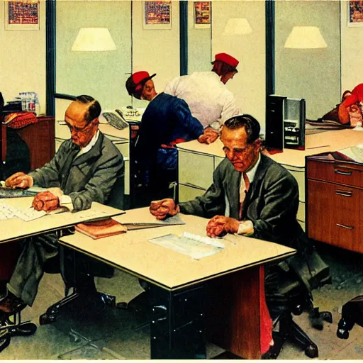 Image similar to Workers in office cubicles making a computer game, working late to meet a deadline, as painted by Norman Rockwell.