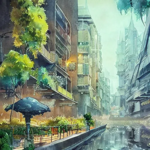 Image similar to Beautiful happy picturesque charming sci-fi city in harmony with nature. Nature everywhere. Nice colour scheme, soft warm colour. Beautiful detailed watercolor by Lurid. (2022)