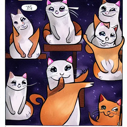 Image similar to a room full of cats singing in comic art style