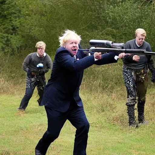 Image similar to Boris Johnson playing paintball, he is losing