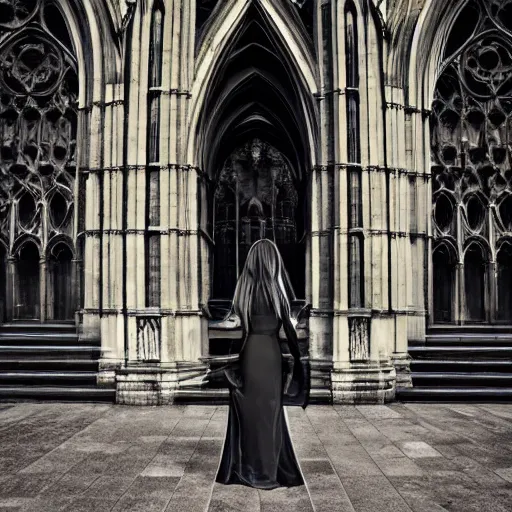 Image similar to architectural shot, no decaying lines, alabaster gothic cathedral, black opal skin, gothic girl dressed in black with macro head face