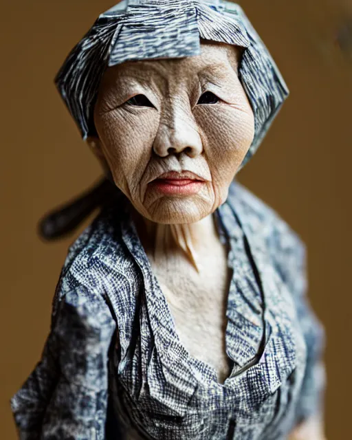 Prompt: an origami wrinkled old fisherlady by akira yoshizawa, realistic, very detailed, complex, intricate, studio lighting, bokeh, sigma 5 0 mm f 1. 4