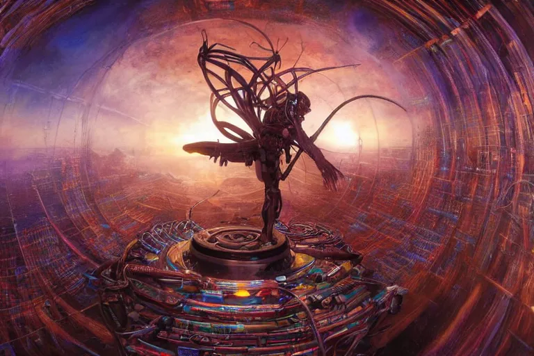 Image similar to a fisheye lens photo of a post apocalyptic tribal cyborg dj god tweaking and playing synthesizers in the most complicated and technical spiral fractal musical studio, powerful, cinematic, beautifully lit, by donato giancola, by artgerm, by karol bak, 3 d, perfect face and body, trending on artstation, octane render, 8 k