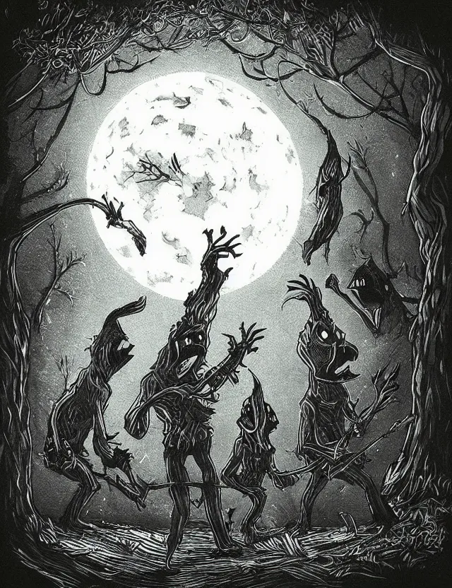 Prompt: “Artstation. goblins dancing around bonfire in dark eery forest with moon in fish eye perspective. Dark, intricate, highly detailed, smooth, in style of Mike Savad”