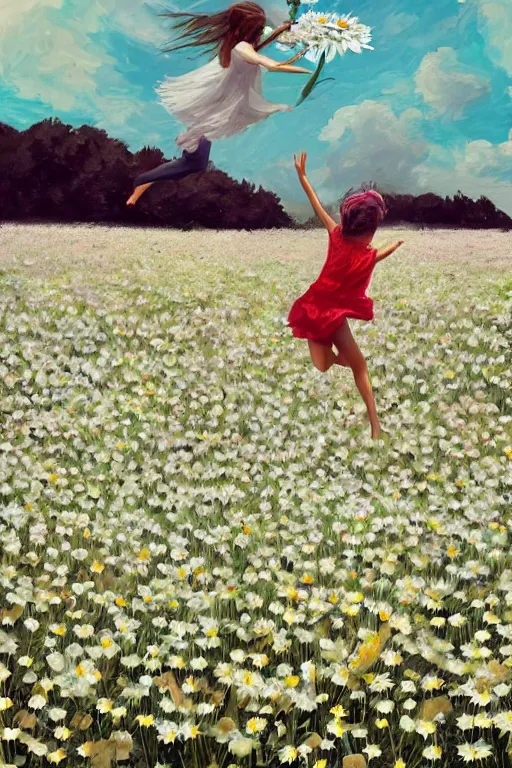 Image similar to giant white daisies flower as head, girl jumping in a flower field, surreal photography, sunrise, dramatic light, impressionist painting, colorful clouds, digital painting, artstation, simon stalenhag