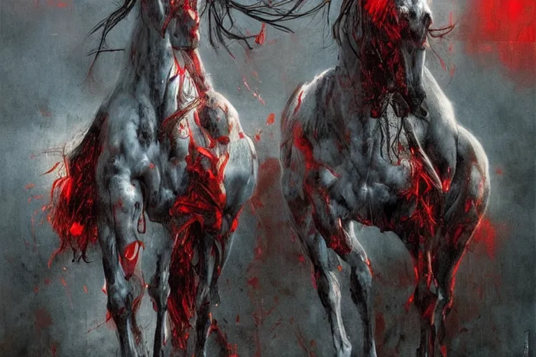 Image similar to a white cyberpunk horses with human heads, in the style of beksinski, intricate and epic composition, red by caravaggio, insanely quality, highly detailed, masterpiece, red light, artstation, 4 k