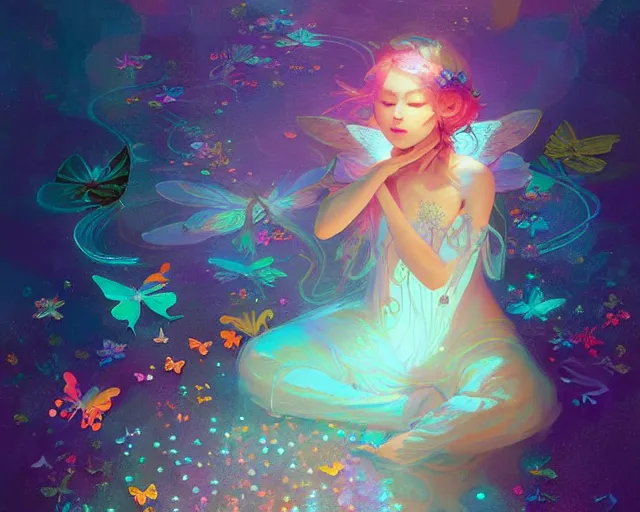 Prompt: harmony of neon tiny butterfly stars, mute, coherent, fairy mediating, by wlop, james jean, victo ngai, rainbow overlay! beautifully lit, muted colors, highly detailed, fantasy art by craig mullins, thomas kinkade