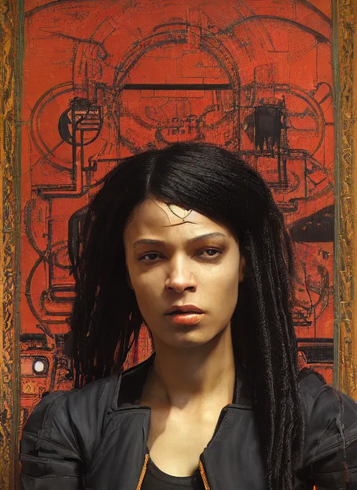 Image similar to Maria Igwe. Beautiful Cyberpunk mechanic with robotic legs. (Cyberpunk 2077, bladerunner 2049). Iranian orientalist portrait by john william waterhouse and Edwin Longsden Long and Theodore Ralli and Nasreddine Dinet, oil on canvas. Cinematic, vivid colors, hyper realism, realistic proportions, dramatic lighting, high detail 4k