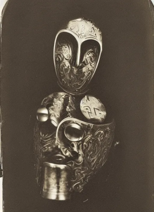 Image similar to photo portrait of 19 century male wearing brutal shiny metal face mask with fine detail engravings and runes cultist lord rich baron by Diane Arbus and Louis Daguerre