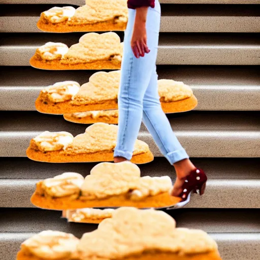 Prompt: woman walking up stairs that are made of cookies rising over clouds