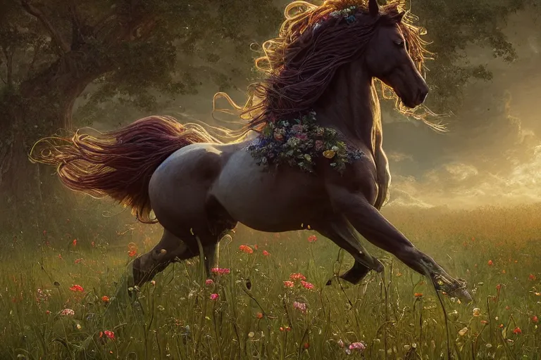 Image similar to a stunning horse with a mane of vines and flowers running through a meadow by greg rutkowski, high key lighting, volumetric light, digital art, highly detailed, fine detail, intricate, ornate, complex, octane render, unreal engine, photorealistic