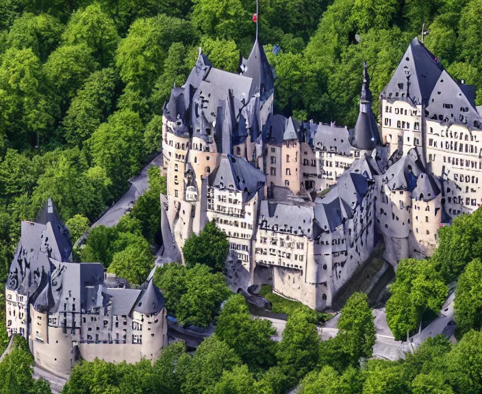 Image similar to 4 k hd, high detail photograph of a german castle, shot with sigma f / 4. 2, 2 5 0 mm sharp lens, wide shot, consistent, isometric view, volumetric lighting, high level texture render