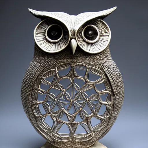 Prompt: symmetrical detailed sculpture of an owl, made of Mithril