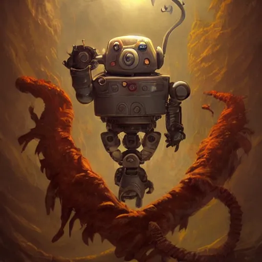 Image similar to anthropomorphic robot [ thing ], hungry, eating, consuming, tiny, small, short, cute and adorable, dnd character art portrait, matte fantasy painting, deviantart artstation, by jason felix by steve argyle by tyler jacobson by peter mohrbacher, cinema