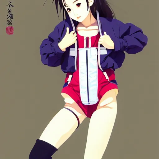 Image similar to a beautiful japanese natalie portman gravure model, wearing oversized native designer bomber jacket and leotard with overalls, bulky poofy bomber jacket with mesoamerican patterns, mesoamerican native street fashion, gapmoe yandere grimdark, trending on pixiv fanbox, painted by greg rutkowski makoto shinkai takashi takeuchi studio ghibli, akihiko yoshida