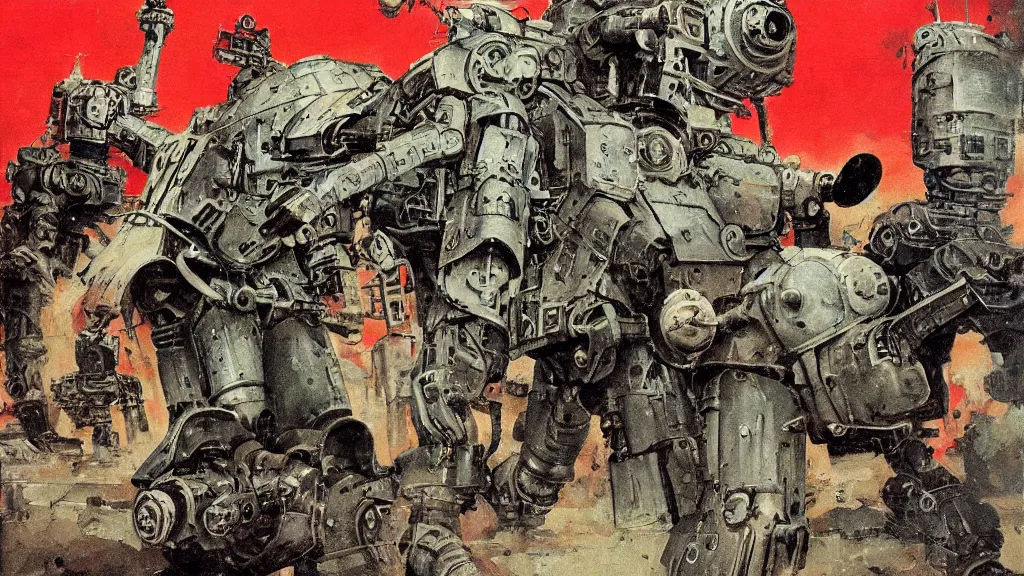 Image similar to Soviet mechs in the style of Norman Rockwell, sci-fi illustrations, highly detailed, award-winning, patriotic, soviet, ussr, dark, gritty, ink