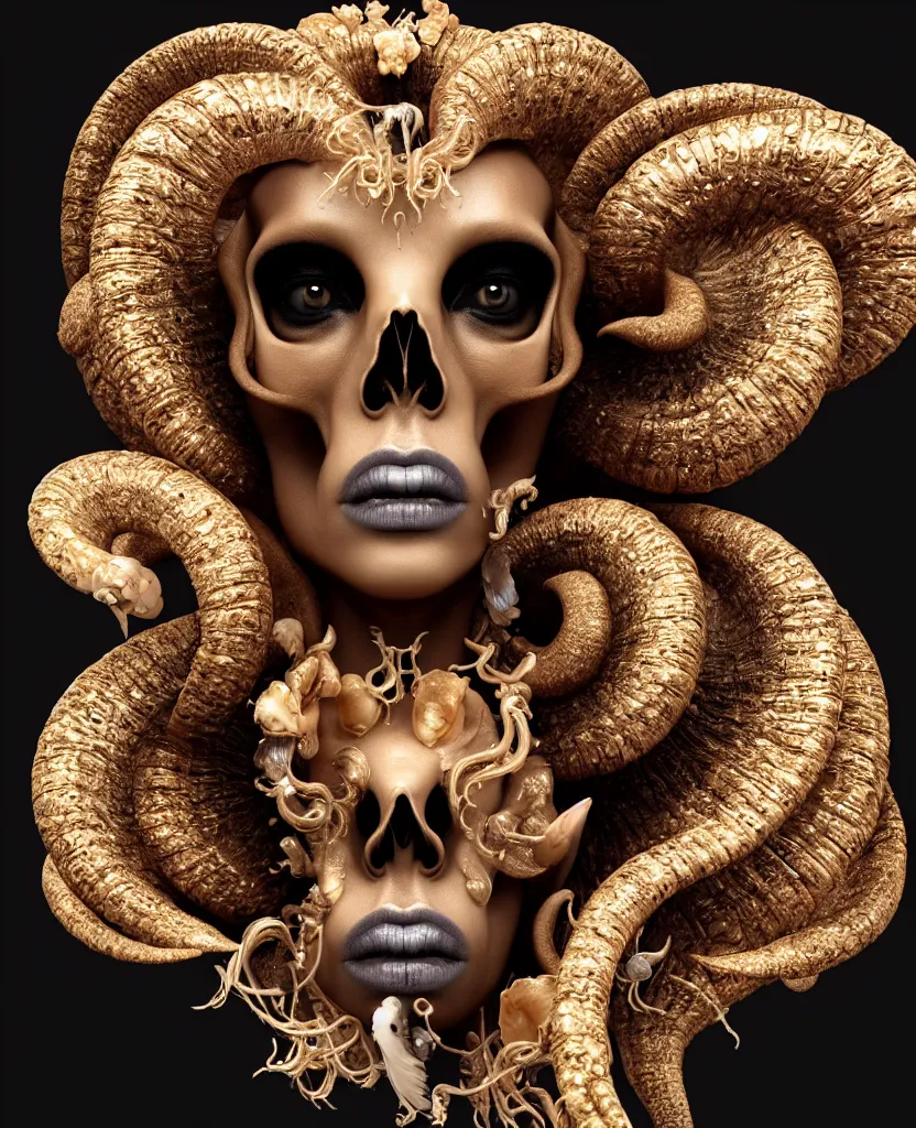 Image similar to black background. goddess princess face close-up portrait ram skull. sculpture made of gold and brilliants. jellyfish phoenix head, nautilus, orchid, skull, betta fish, bioluminiscent creatures, intricate artwork by Tooth Wu and wlop and beeple. octane render, trending on artstation, greg rutkowski very coherent symmetrical artwork. cinematic, hyper realism, high detail, octane render, 8k