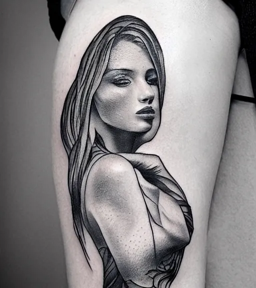 Image similar to tattoo design sketch of a beautiful woman face with a faded background of beautiful mountains and nature on her side, hyper - realistic, in the style of den yakovlev, amazing detail, black and white