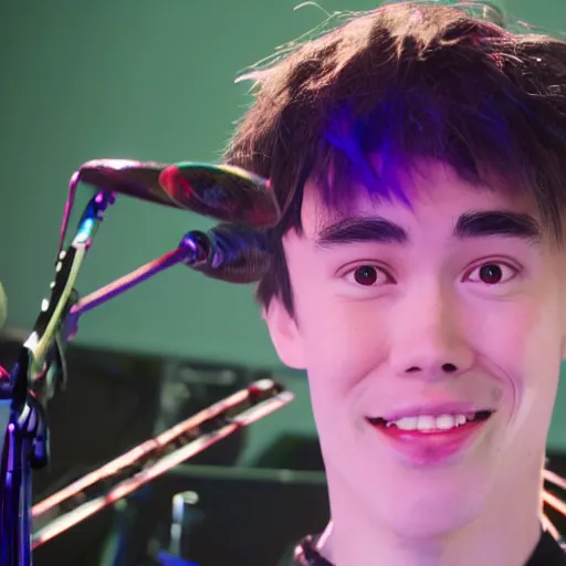 Image similar to anime of jacob collier on space darkness hitting saturn rings with drum sticks