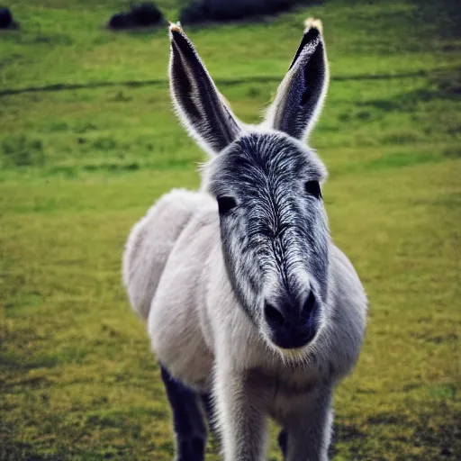 Image similar to “exploding fireworks in the night sky raining down embers and sparks and brightly burning pieces falling from the sky, a pale donkey stands in a field in the darkness. Photography. Flash photo. Cursed image.”