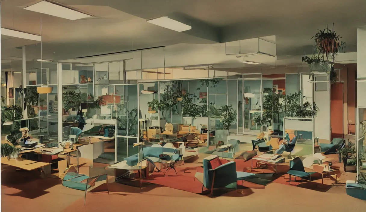 Image similar to a 7 0 s prisunic catalog with the indoor office of severance series ( 2 0 2 2 ), in color