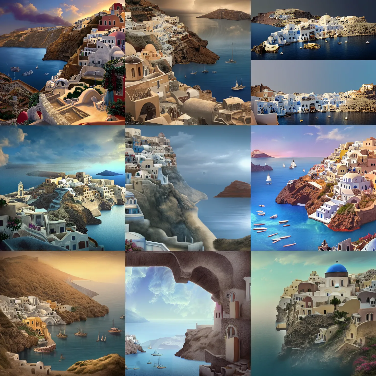 Prompt: Matte painting of a broken floating landscape. Santorini style village. Fantastical, elaborate, detailed digital art trending in artstation