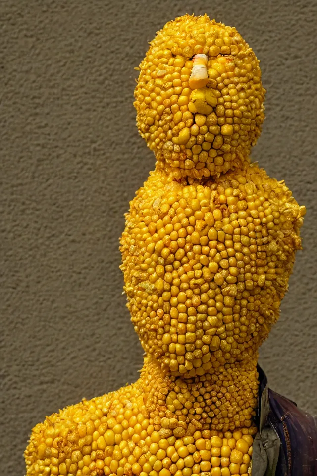 Image similar to portrait of corn - man, a man with skin made of corn, yellow, weird, 4 k