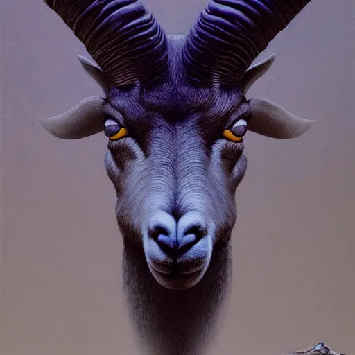 Image similar to Angry Yellow Bighorn Sheep portrait, dark fantasy, blue, artstation painted by Zdzisław Beksiński and Wayne Barlowe