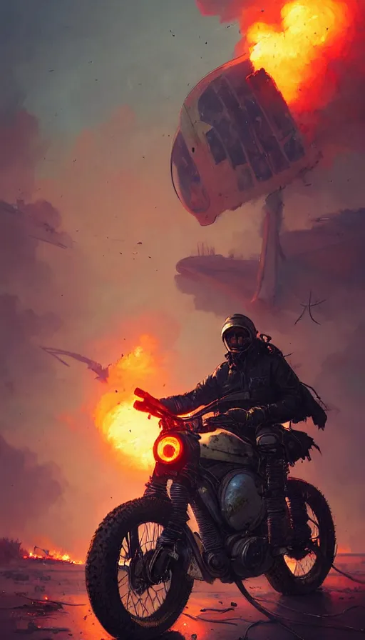 Image similar to a ultradetailed beautiful panting of post apocalyptic biker with helmet in front of crashed airplane burning, by ilya kuvshinov, greg rutkowski and makoto shinkai, trending on artstation