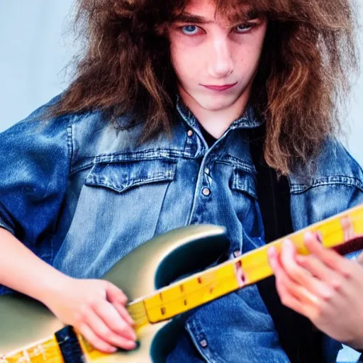 Prompt: 1 9 - year - old boy with shaggy, unkempt, permed hair, double denim, headbanging, playing electric guitar, heavy rock concert, 2 0 2 1 live in concert, streaming 4 k quality