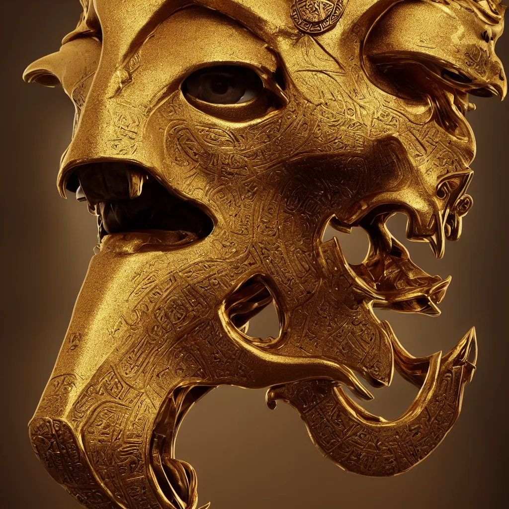 Image similar to Photorealistic epic egyptian god face portrait ram skull, jackal skull, gold. ominous, ancient magic, intricate artwork by Tooth Wu and beeple and Jake Baddeley. octane render, trending on artstation, greg rutkowski very coherent symmetrical artwork. cinematic, hyper realism, high detail, octane render, 8k