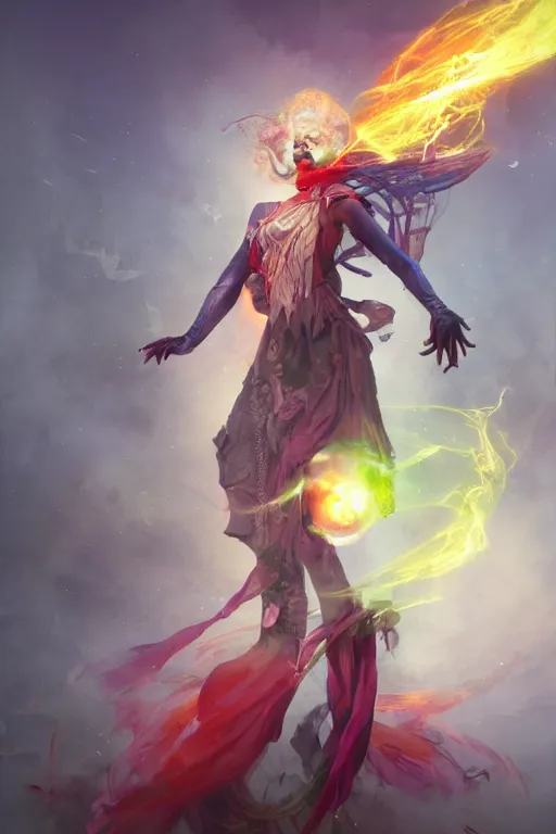 Prompt: beautiful girl necromancer, witch - doctor exploding into rainbow velvet, angels, 3 d render, hyper - realistic detailed portrait, holding fire and electricity, ruan jia, wlop. scifi, fantasy, magic the gathering, hyper detailed, octane render, concept art, peter mohrbacher