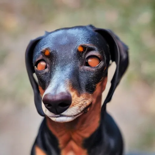 Image similar to sausage dog squinting at the viewer with a knowing look in its eyes, low quality, centered