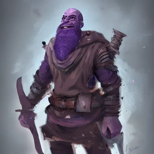 Image similar to male duergar adventurer with purple skin, by Ismail Inceoglu, wearing leather adventuring clothes, shabby, short, bald, wielding knife, happy grin, character portrait closeup, digital art, dungeons and dragon, character