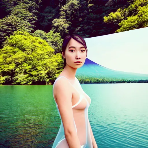 Prompt: a instax photo of fuji mountain, a beautiful girl in a transparent sheer fabric dress against the background of a lake, full body shot, perfect symmetrical body, perfect symmetrical face, coherent symmetrical eyes, hyperrealistic, hyperdetailed, octane render, 8 k