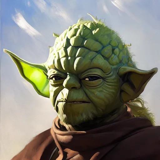 Image similar to greg manchess portrait painting of armored yoda as overwatch character, medium shot, asymmetrical, profile picture, organic painting, sunny day, matte painting, bold shapes, hard edges, street art, trending on artstation, by huang guangjian and gil elvgren and sachin teng