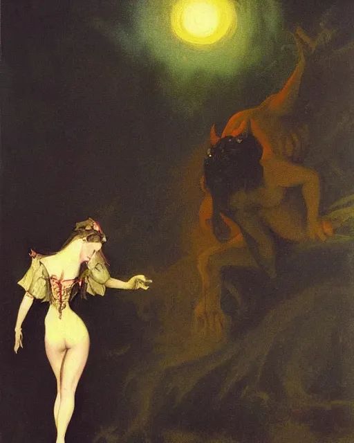 Image similar to a baroque painting of a girl meeting the devil in the rain at night, 1 9 7 0 s, seventies, wallpaper, delicate embellishments, painterly, offset printing technique, by brom, robert henri, walter popp