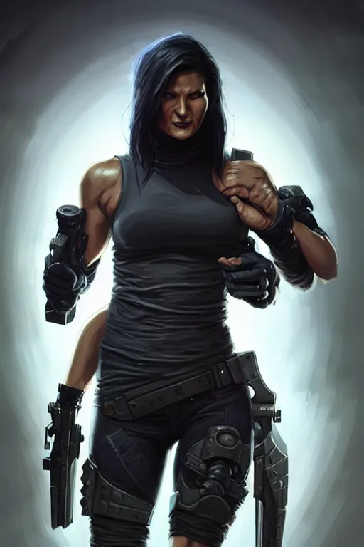 Prompt: gina carano as a shadowrun ork with prothesis grey metallic arm, casual black clothing, muscular, realistic proportions, casual pose, large portrait, sci - fi, rpg character, digital painting, artstation, concept art, smooth, 8 k frostbite 3 engine, ultra detailed, art by artgerm and greg rutkowski and magali villeneuve