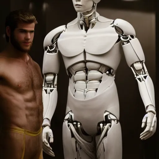 Prompt: a realistic detailed photo of a guy who is an attractive humanoid who is half robot and half humanoid, who is a male android, actor liam hemsworth, shiny skin, posing like a statue, blank stare, in a lab, on display, showing off his muscles