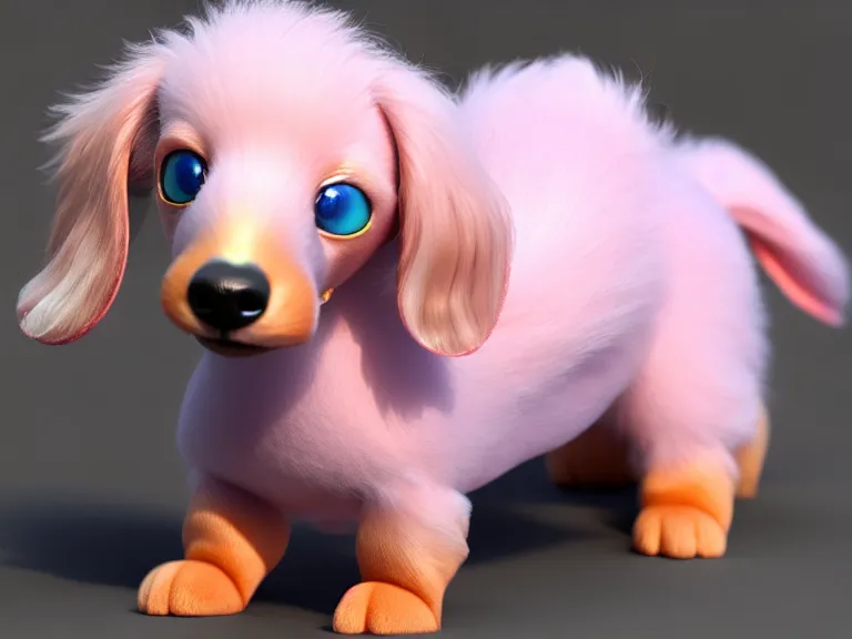 Image similar to high quality 3 d render hyperrealist very cute multipastel very fluffy smooth dachshund plush mascot, photo from the side, vray, smooth in the background, artstation, ultra detailed, octane render