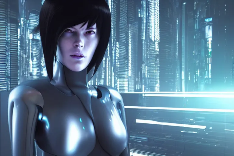 Image similar to cyberpunk ghost in the shell concept inspired android, futuristic look, highly detailed body, very powerful, photorealistic camera shot, bright studio setting, studio lighting, crisp quality and light reflections, unreal engine 5 quality render