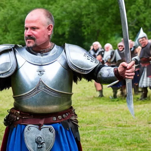 Prompt: bjorn of backwater, honorable knight of francia, standing with his blue shield up and a short sword in his hand, real life, renaissance fair, gladiator, motion blur