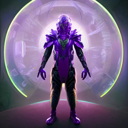 Image similar to Portrait of plant based man wearing futuristic armor with augmented reality headset, purple lighting, intricate, ominous, highly detailed, digital painting, artstation, smooth, sharp focus, illustration, art by artgerm and greg rutkowski and alphonse mucha and Wayne Barlowe and william-adolphe bouguereau