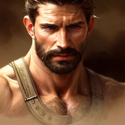 Image similar to portrait of a rugged ranger, handsome, muscular, 30 years old, D&D, fantasy, intricate, elegant, highly detailed, digital painting, artstation, concept art, matte, sharp focus, illustration, art by Artgerm and Greg Rutkowski and Alphonse Mucha