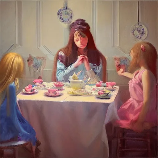 Prompt: “beautiful girl at a tea party, oil painting, realism, hyper detailed, trending on Artstation”