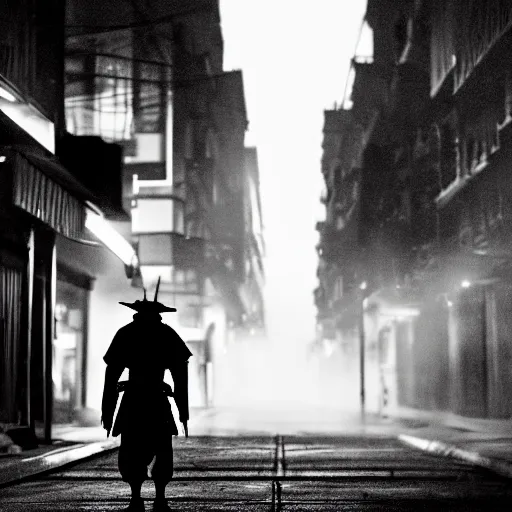 Prompt: a samurai walks alone through the streets at night, gloomy, dark, foggy, night, ominous, dark color, atmospheric, cinematic lighting, intricate detail?