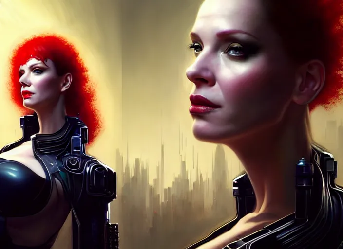 Image similar to portrait shot of a christina hendricks wearing cyberpunk clothing in cyberpunk 2 0 7 7, intricate, elegant, highly detailed, centered, digital painting, artstation, concept art, smooth, sharp focus, illustration, artgerm, tomasz alen kopera, peter mohrbacher, donato giancola, joseph christian leyendecker, wlop, boris vallejo