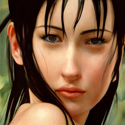 Prompt: a photorealistic painting of Tifa Lockhart it captures every detail of the artist’s female subject, such as the soft skin, flowing hair, and textured cottagecore clothing. Yasumoto Oka